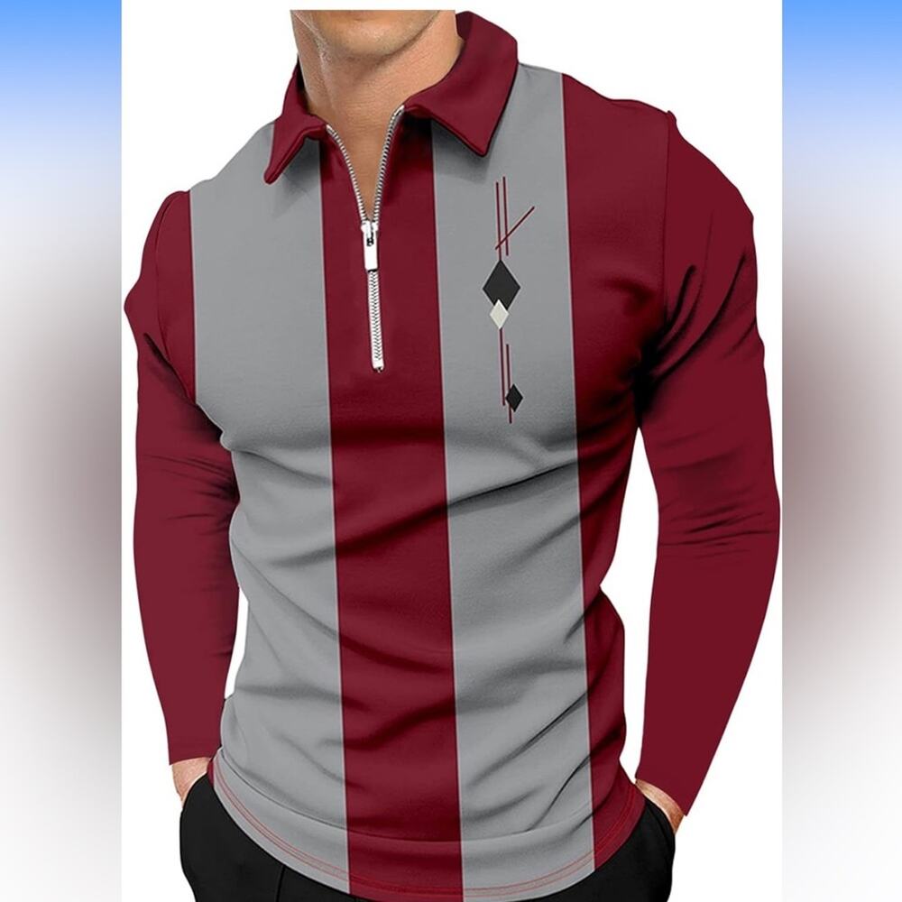 Mens Long Sleeve Polo Shirts Casual Zipper Wine Stripped 2XL